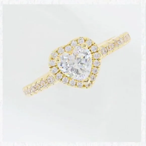 18K Yellow Gold and White Diamond Cubic Zirconia Halo Heart Engagement Ring